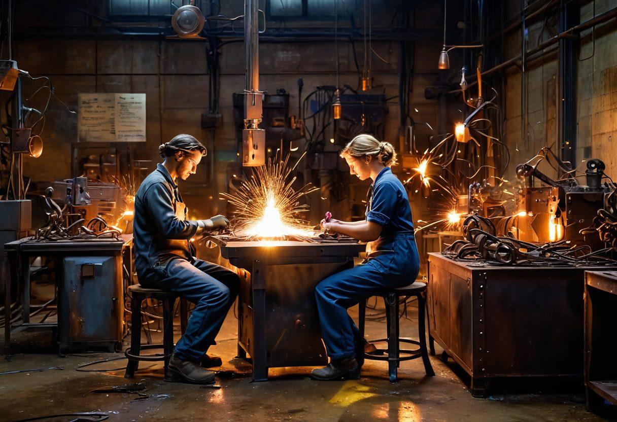 A romantic scene depicting a couple in a metal fabrication workshop, surrounded by sparks flying from welding equipment, love notes etched on metal pieces, and intertwined metal sculptures symbolizing their bond. Warm, soft lighting to convey intimacy amidst the industrial setting. super-realistic. vibrant colors. dynamic lighting.