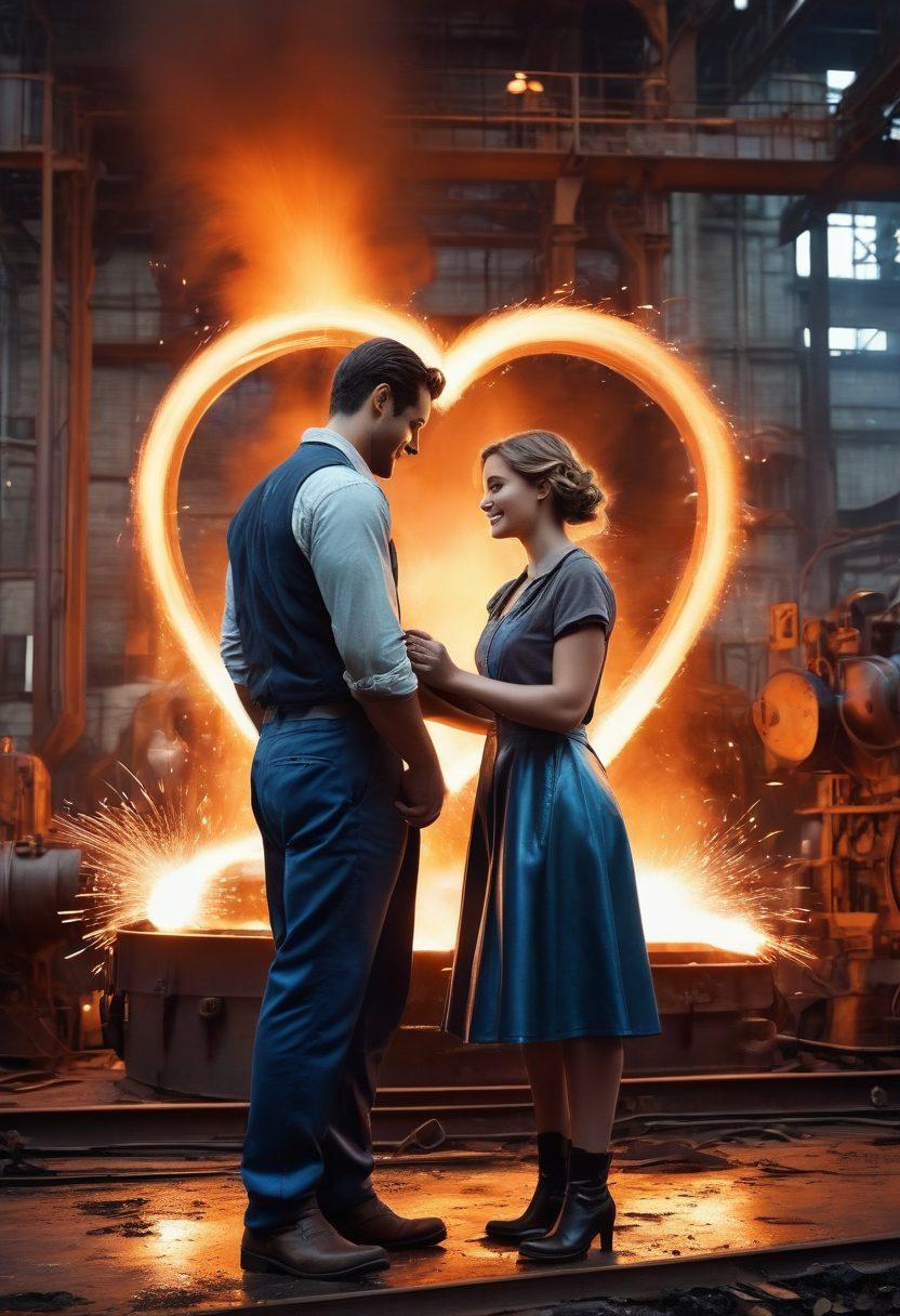 A romantic scene set in a steel factory, where a couple is playfully forging metal together, sparks flying around them. The backdrop features massive steel machinery and glowing molten metal, while the couple's expressions convey joy and connection. Incorporate elements of heart-shaped metalwork in the foreground, highlighting the theme of romance and industry. Add warm tones contrasted with the cool metallic blues of steel for a striking visual. super-realistic. vibrant colors. industrial aesthetic.