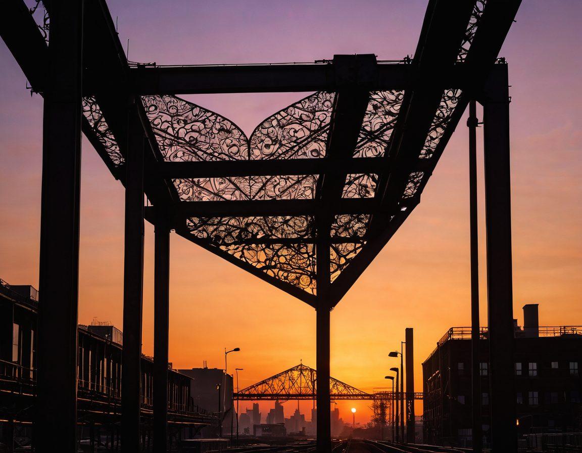 A captivating juxtaposition of an industrial landscape featuring towering steel structures and delicate heart-shaped motifs subtly integrated into the beams and pipes. A warm sunset illuminates the scene, casting a romantic glow over the cityscape, while lace-like patterns emerge in the shadows, symbolizing love intertwined with industry. Include soft, flowing elements, such as ribbons or smoke, to contrast the rigid materials. super-realistic. vibrant colors. twilight setting.